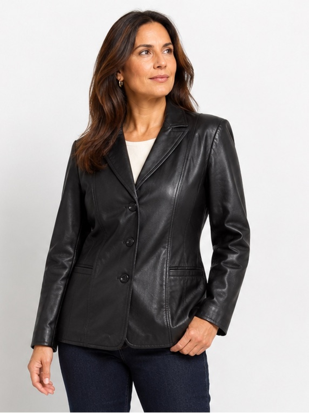 East 5th Womens Large Black Genuine Leather Blazer Jacket 3 Button Classic Fit